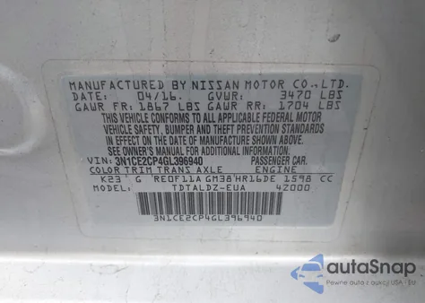 2016 Nissan Versa Note S (Sr)/S Plus/Sl/Sr/Sv z USA, uszkodzony, nr VIN 3N1CE2CP4GL396940